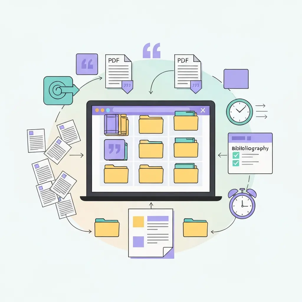 Ilustração de ferramentas digitais para gestão de referências académicas mostrando organização automática de fontes e formatação de bibliografia