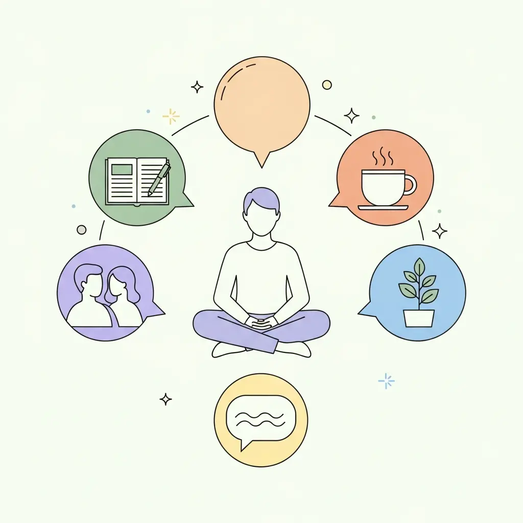 Ilustração de estratégias de gestão emocional para estudantes universitários mostrando técnicas como diário de progresso, rede de suporte e rituais de transição