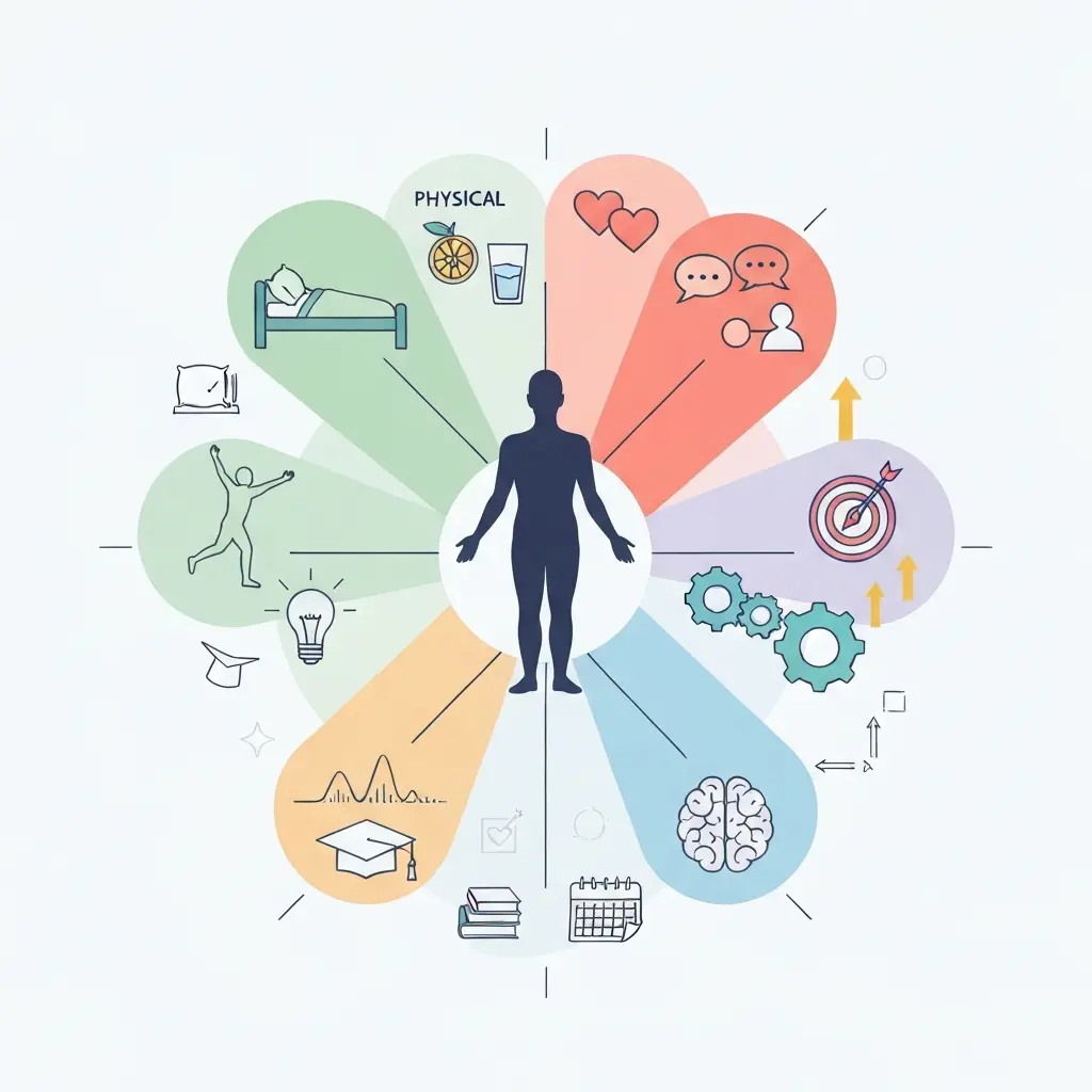 Ilustração dos quatro tipos de energia para produtividade académica: física, emocional, mental e espiritual, mostrando a interconexão entre bem-estar e escrita