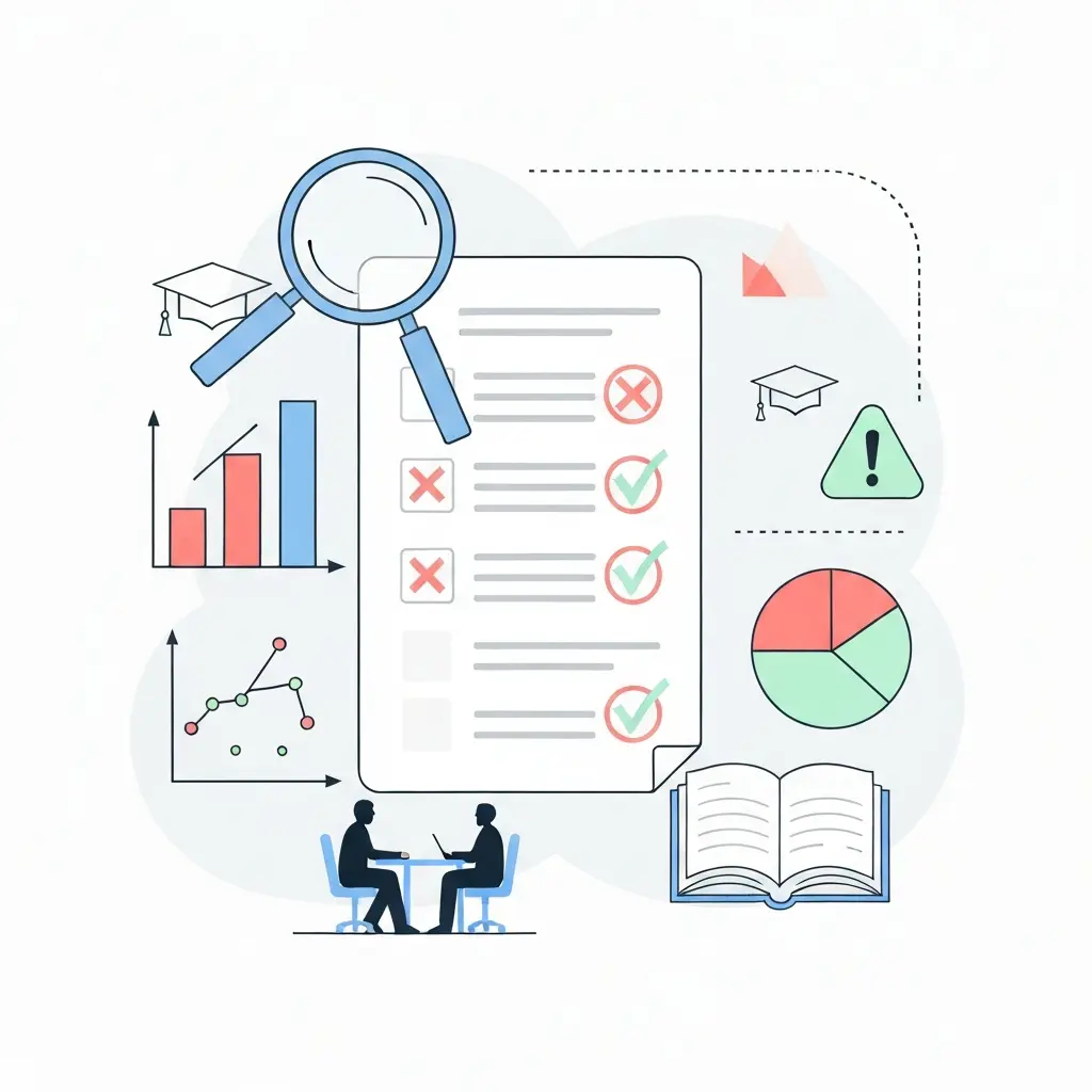 Investigador a analisar dados estatísticos para tese académica com gráficos e tabelas no computador