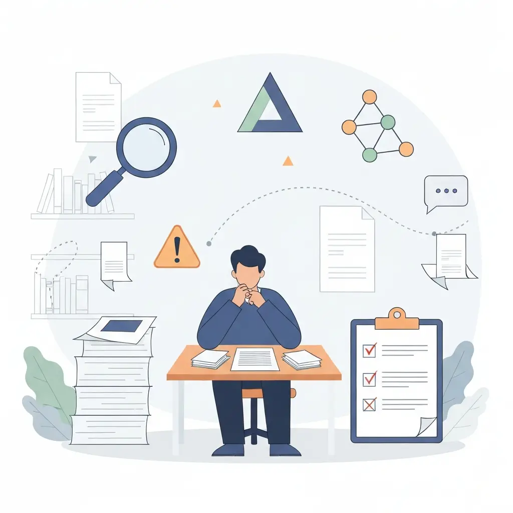 Estudante a analisar dados de investigação qualitativa para tese académica com documentos e notas metodológicas