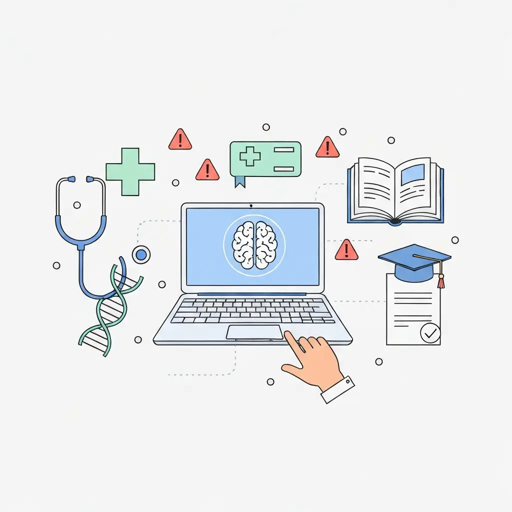 Doutorando em Medicina a usar ferramentas de IA no computador para escrever tese de doutoramento com ícones de alerta sobre erros comuns