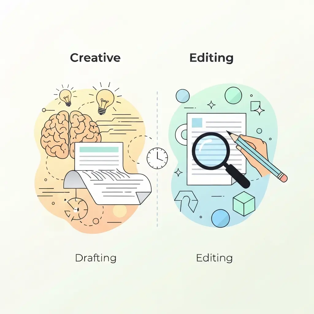 Ilustração das duas fases distintas da escrita académica: rascunho criativo versus edição analítica, mostrando a separação entre processos mentais