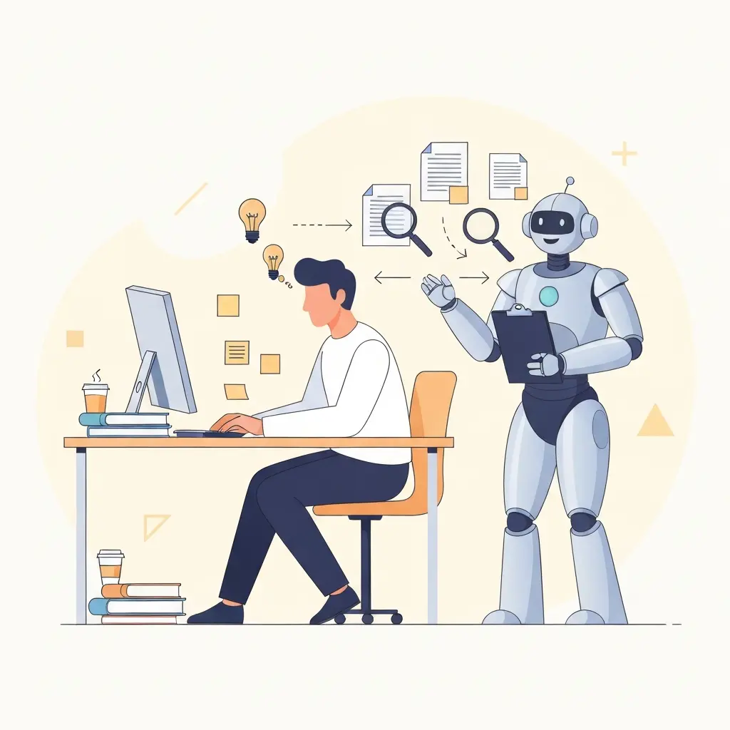 Ilustração de colaboração entre humano e IA onde o estudante lidera e a IA assiste
