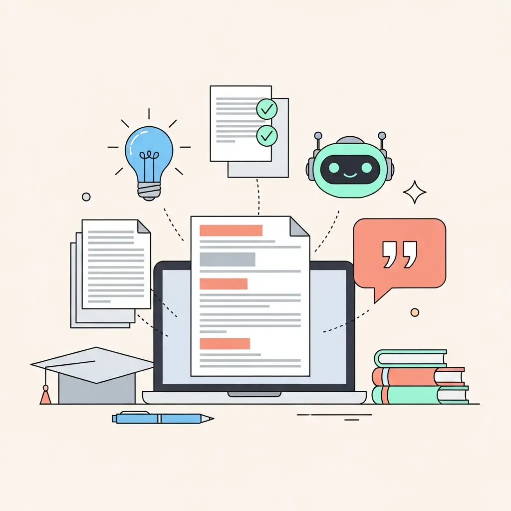 Espaço de trabalho académico moderno com assistência de IA para escrita de tese