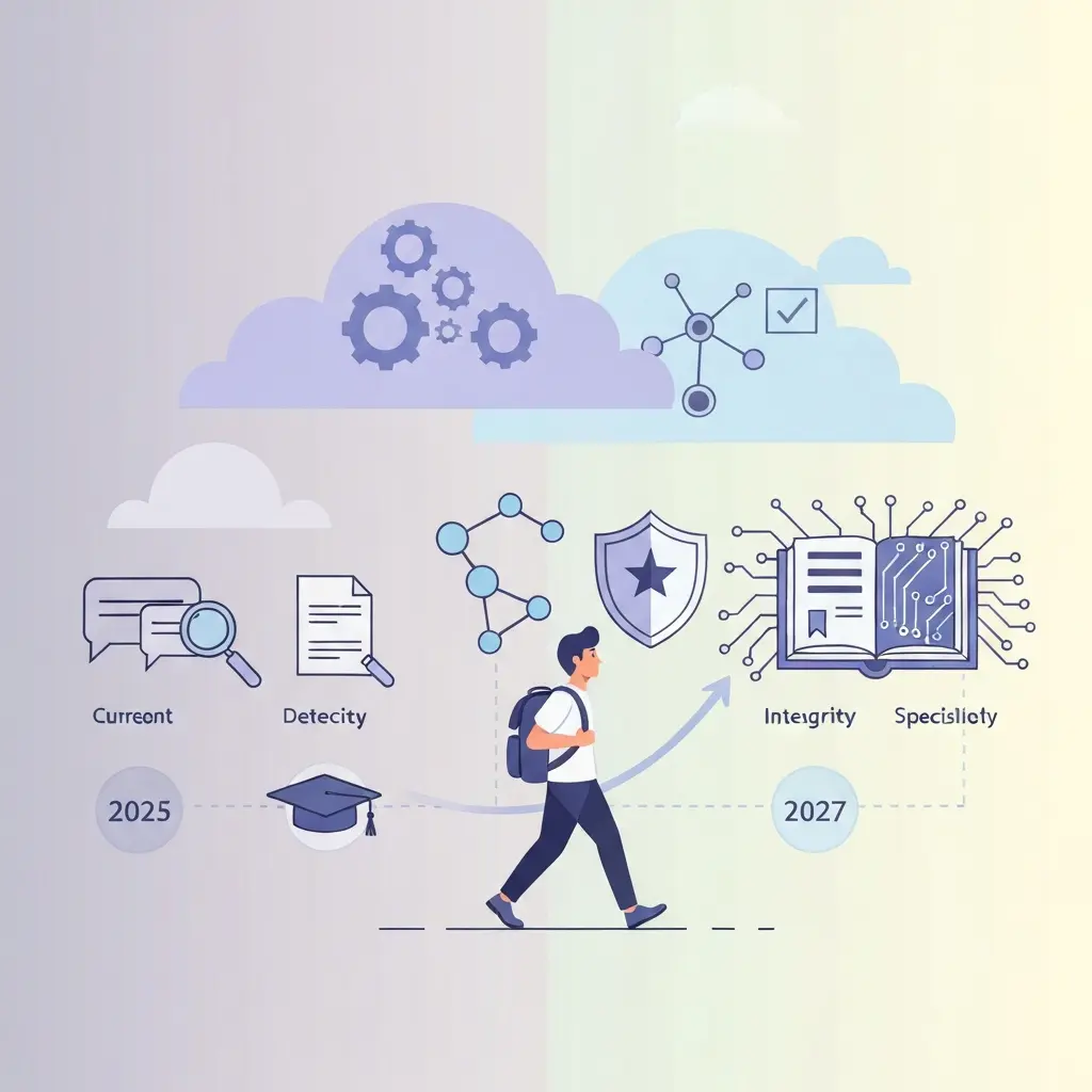 Evolução futura da IA académica de 2025 a 2027 com estudante caminhando em direção ao progresso