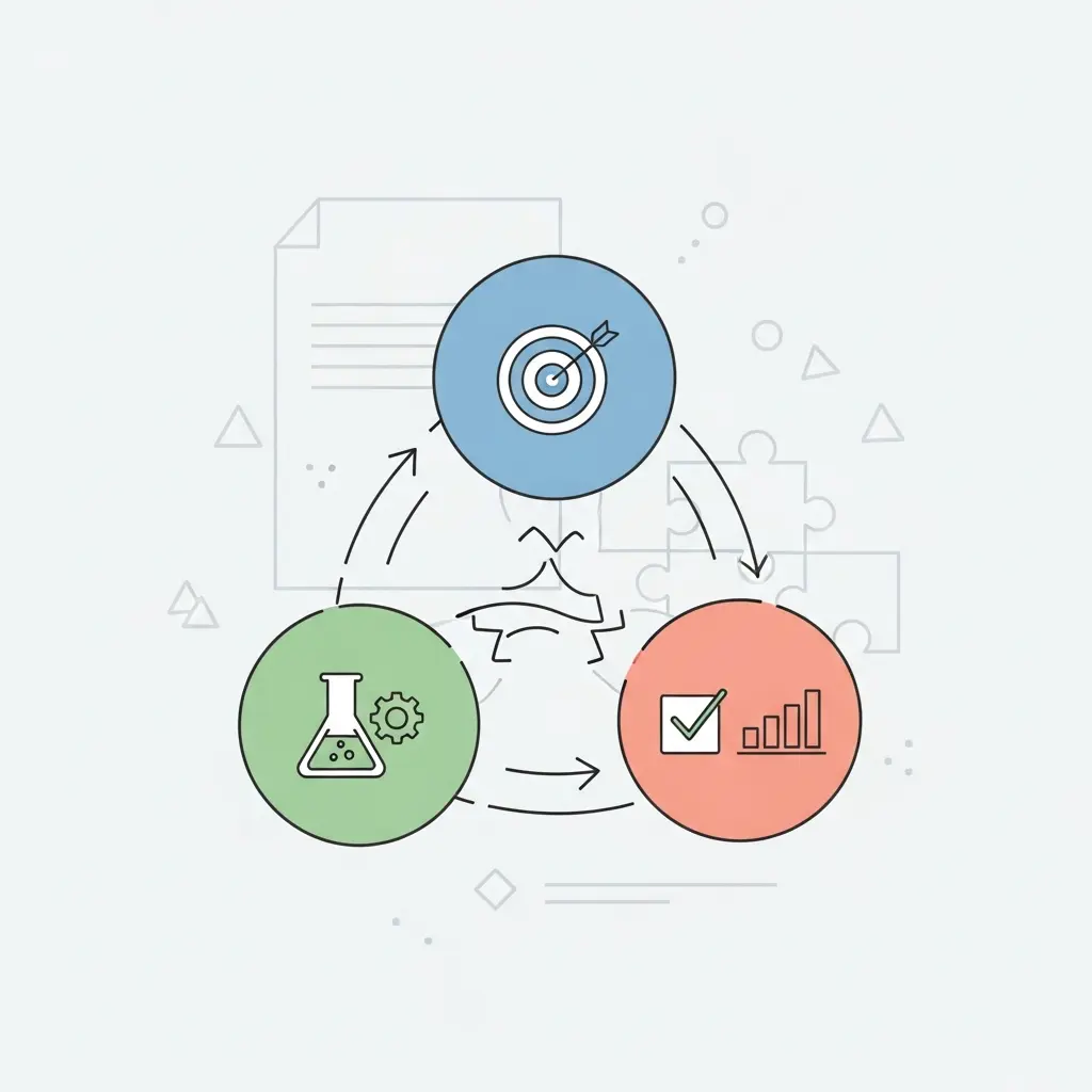 Diagrama ilustrativo do alinhamento necessário entre objetivos, metodologia e resultados numa investigação académica