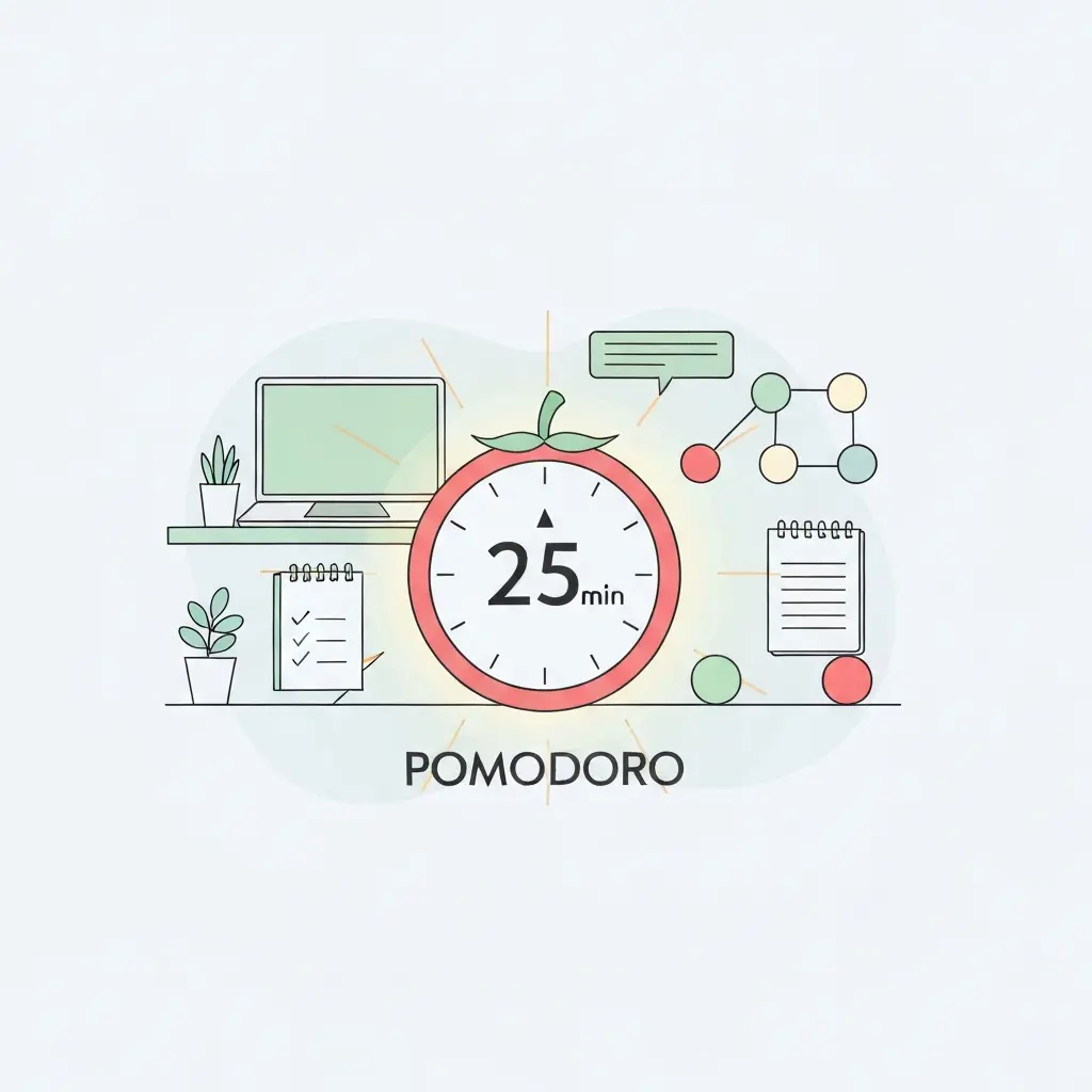 Ilustração da técnica Pomodoro com timer de 25 minutos e checklist de tarefas concluídas para produtividade na escrita académica
