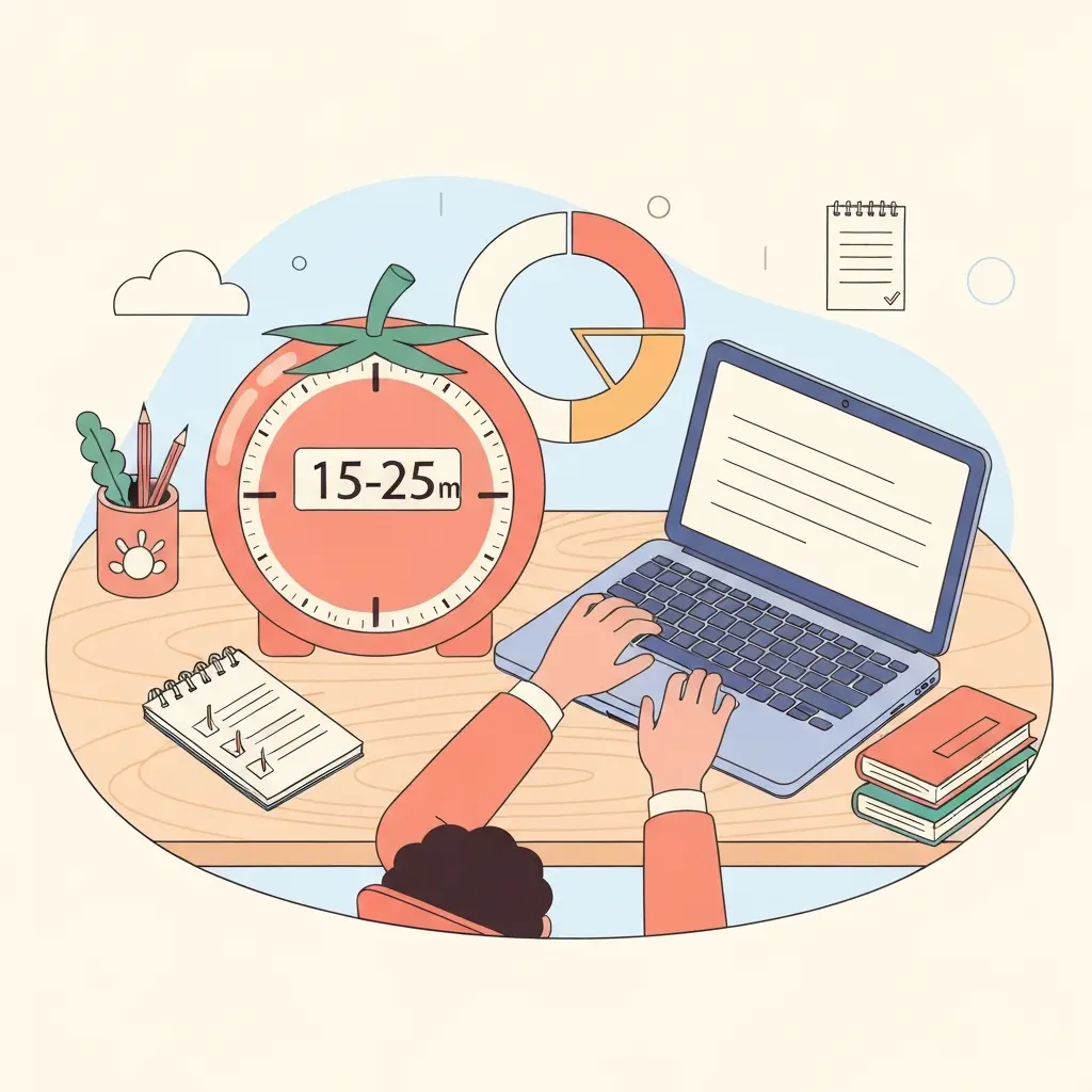 Ilustração da técnica Pomodoro aplicada à escrita de tese, com timer e ambiente de estudo produtivo