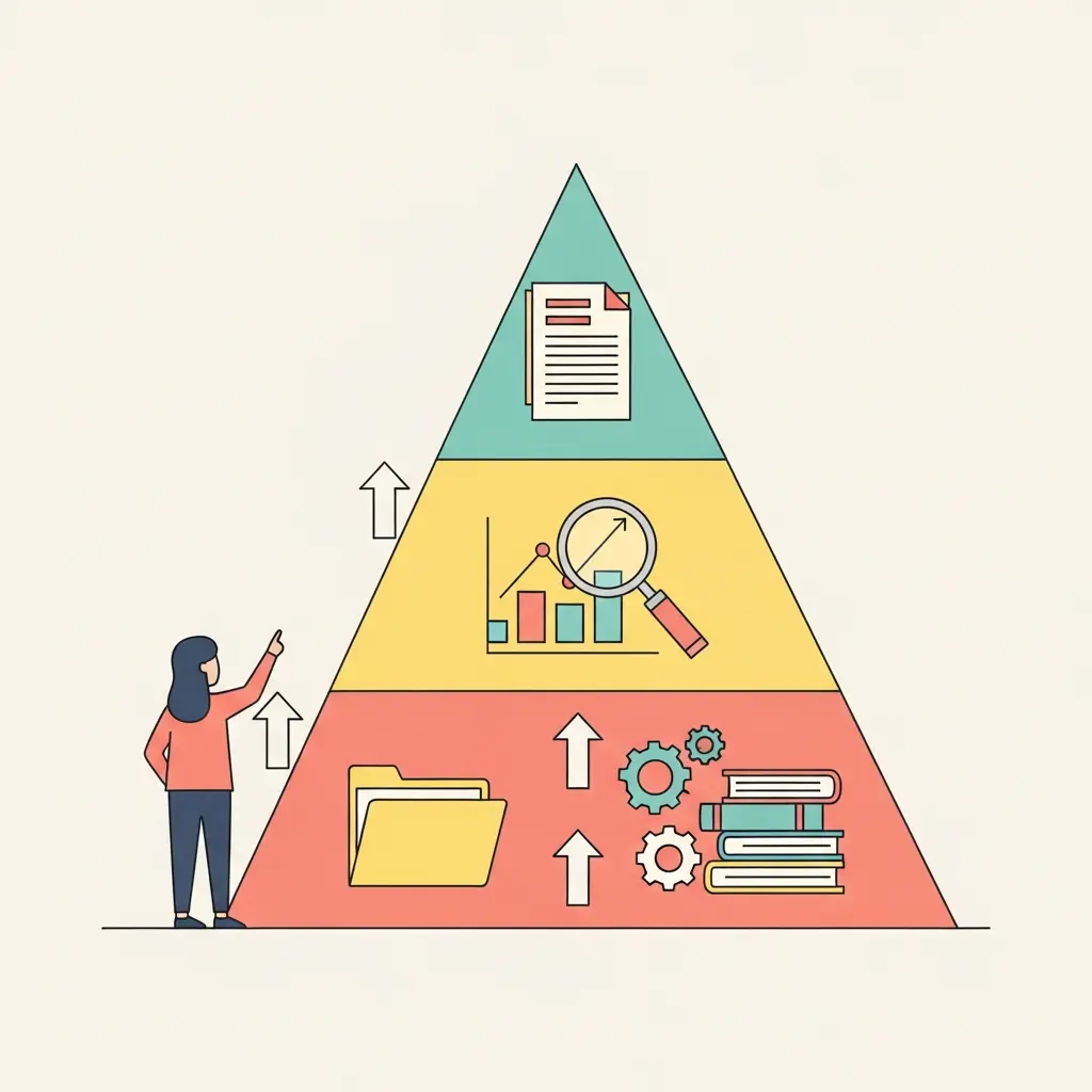 Pirâmide de prioridades mostrando hierarquia de tarefas de alto impacto para a tese
