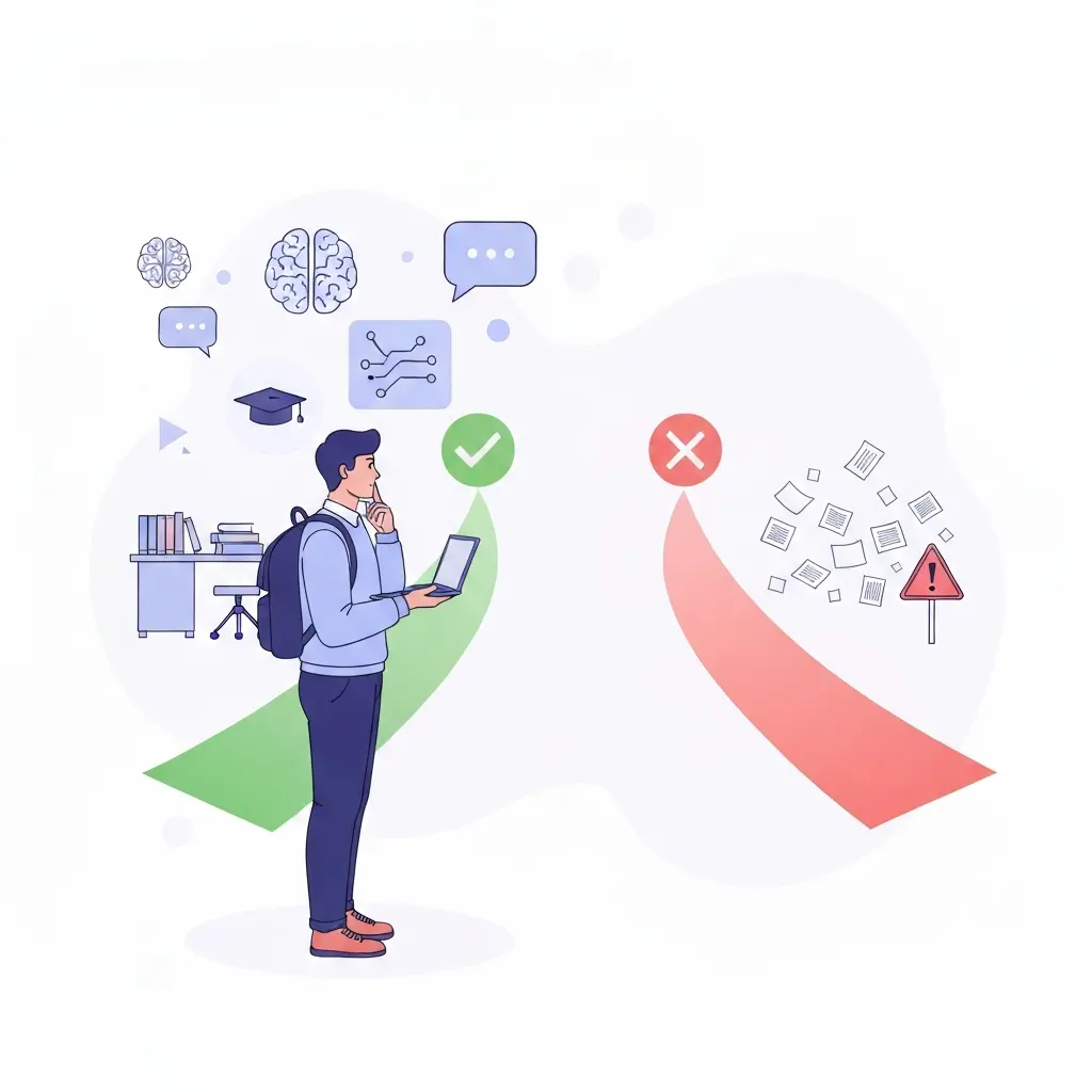 Estudante universitário numa encruzilhada simbólica entre o uso correto e incorreto de IA na tese