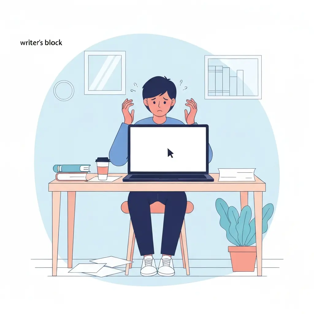 Estudante universitário a olhar para uma página em branco no portátil, representando o bloqueio inicial ao começar a tese