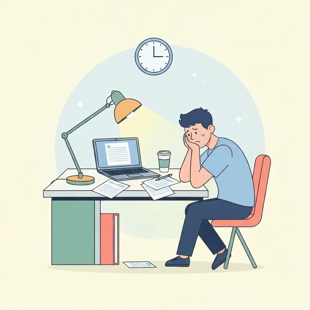 Estudante frustrado à noite com documento em branco no computador, representando o bloqueio de escrita académica