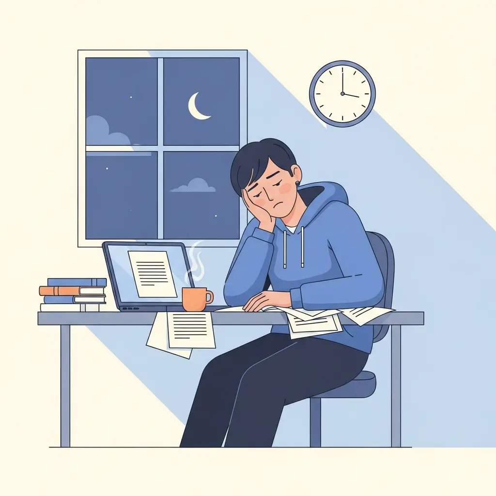 Estudante trabalhador exausto a tentar escrever a tese à noite depois do trabalho