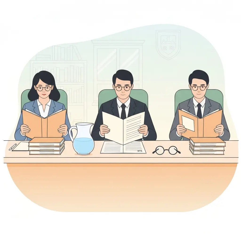 Banca examinadora universitária a ler os agradecimentos de uma tese de mestrado, ilustração que mostra a importância da primeira impressão