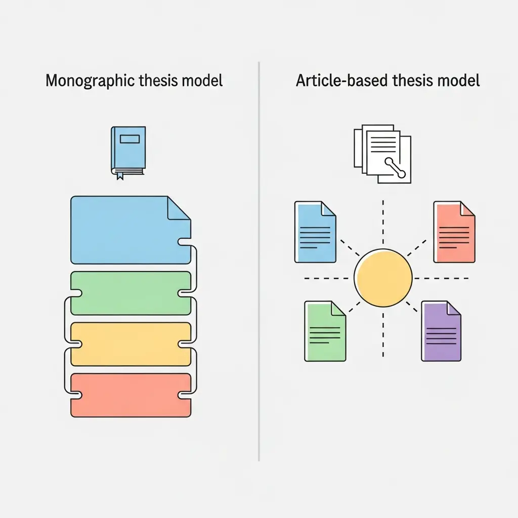 Comparação visual entre o modelo de tese monográfico e o modelo baseado em artigos científicos