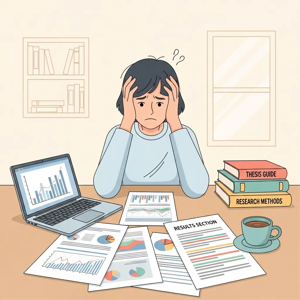 Estudante universitário stressado a olhar para papéis com gráficos e resultados da tese no computador portátil