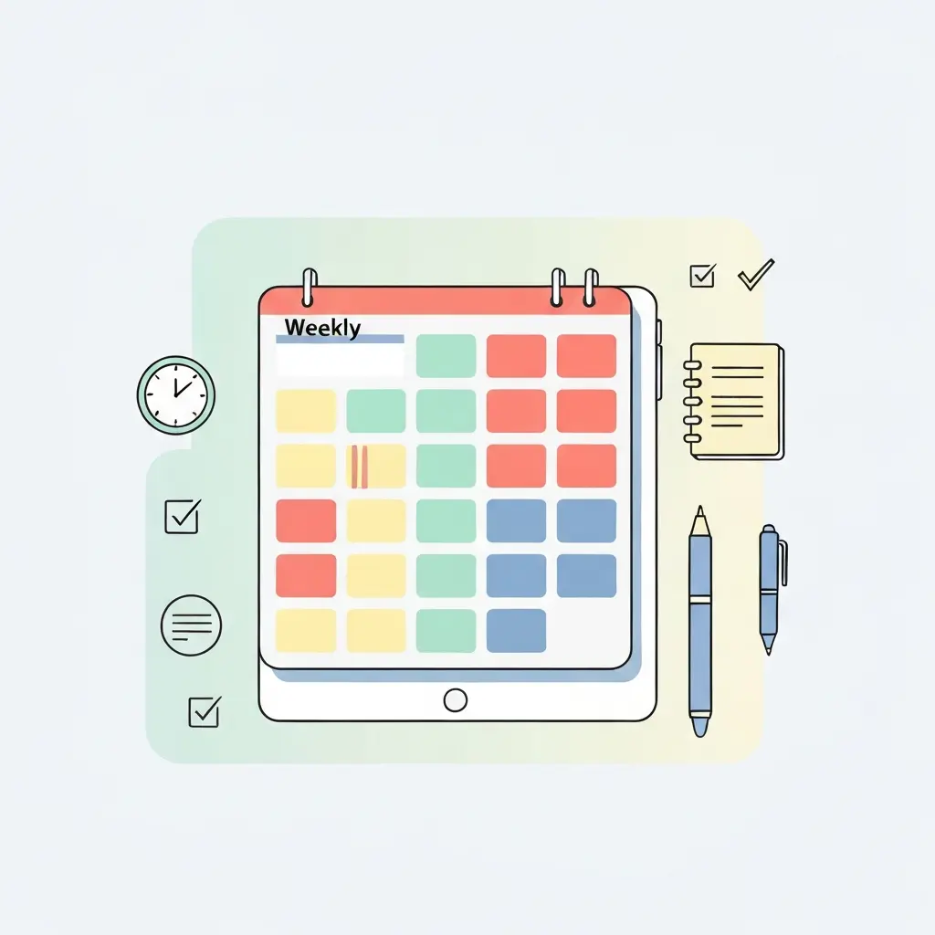 Calendário com blocos de escrita diários marcados, ilustrando a importância de criar uma rotina fixa para escrever a tese