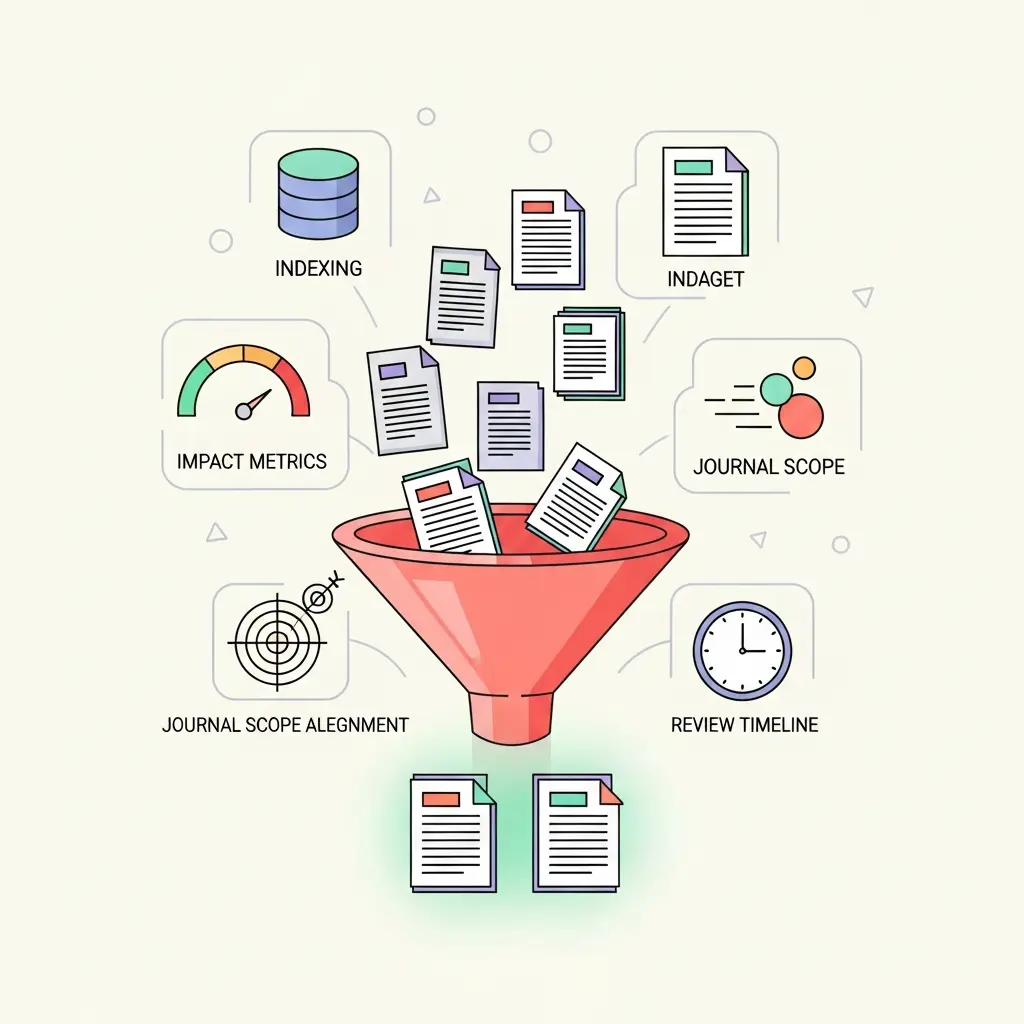Critérios de seleção de revistas académicas para publicação, incluindo indexação Scopus e Web of Science, métricas de impacto e alinhamento de escopo