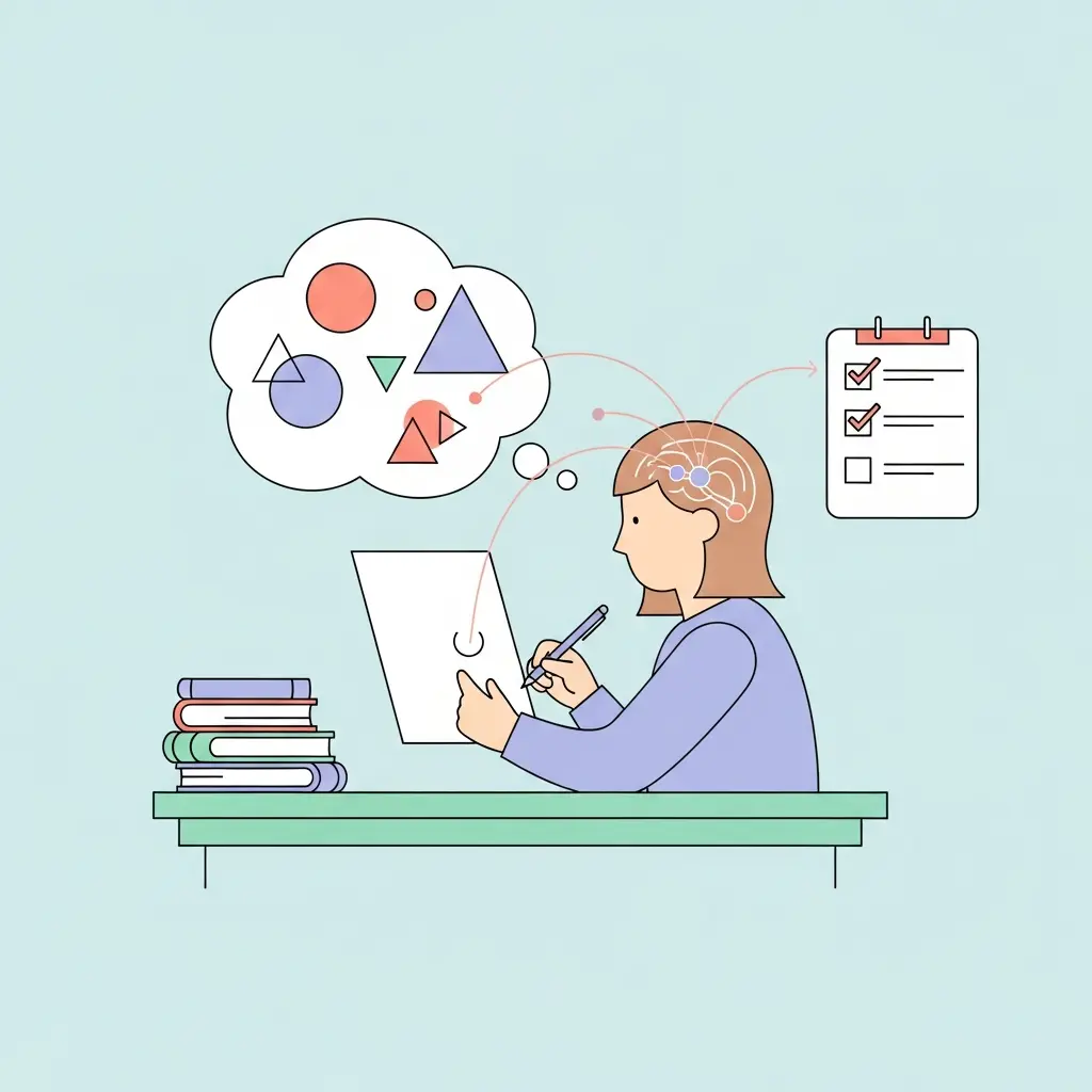 Ilustração do processo de active recall mostrando um estudante a recuperar informação ativamente com livros fechados e uma folha em branco