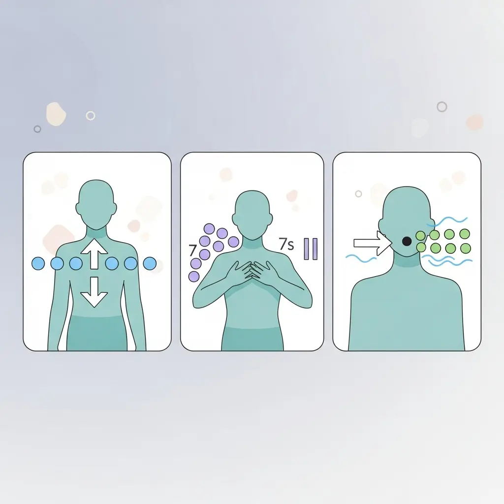 Técnica de respiração 4-7-8 para alívio da ansiedade: inspirar 4 segundos, segurar 7 segundos, expirar 8 segundos