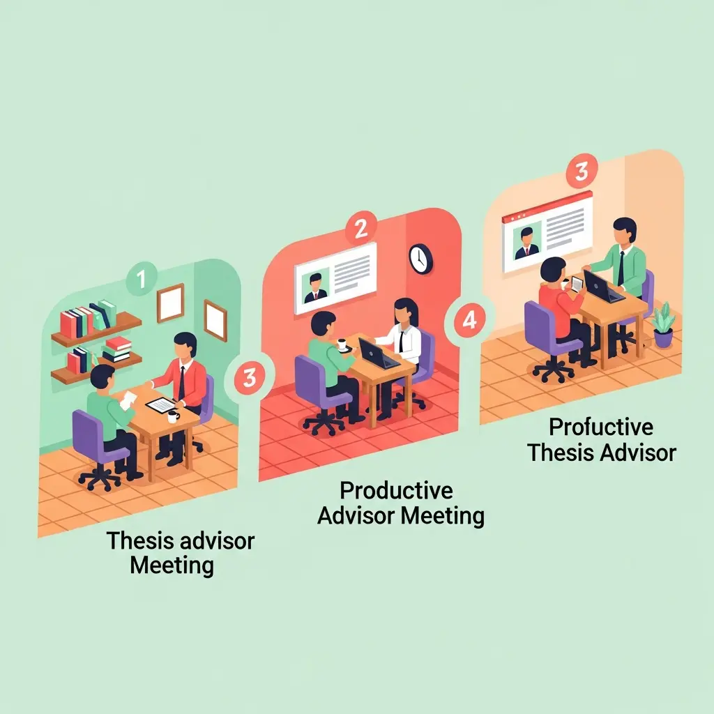 Ilustração do processo completo de preparação, execução e follow-up de reunião produtiva com orientador de tese