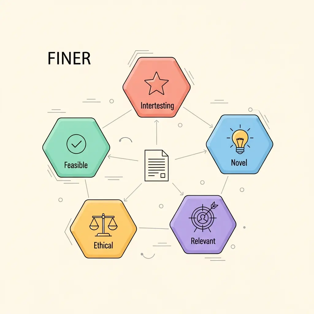 Diagrama dos 5 critérios FINER para validação de temas de investigação: Feasible, Interesting, Novel, Ethical, Relevant