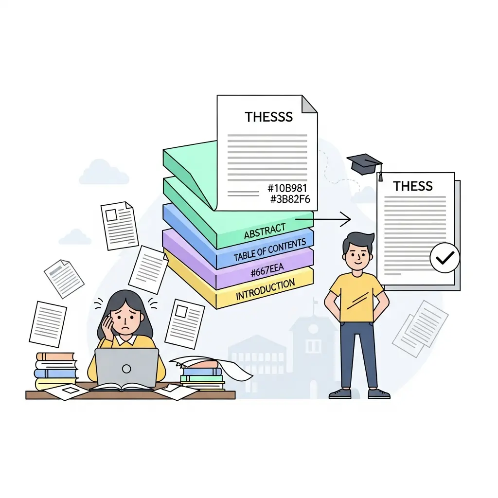 Ilustração mostrando a jornada do estudante com elementos pré-textuais da tese em Portugal - da confusão à aprovação