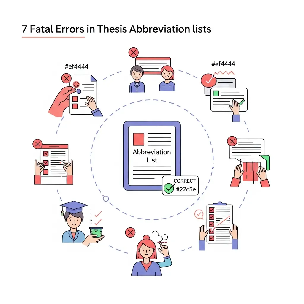 Ilustração visual dos 7 erros fatais na lista de abreviaturas de teses académicas que causam reprovação