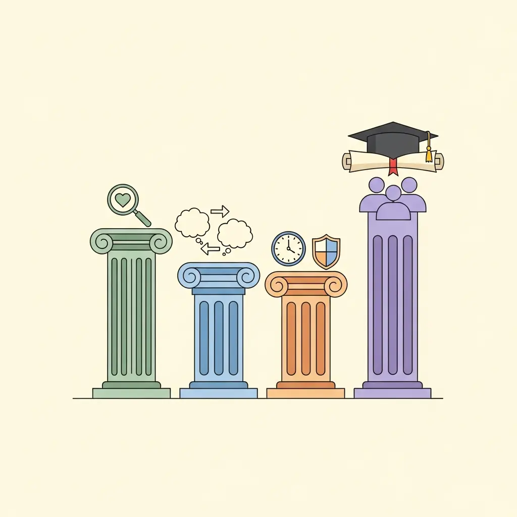 Os quatro pilares do método Tese Sem Stress: reconhecimento de gatilhos, reestruturação cognitiva, rotinas de proteção mental e sistema de apoio