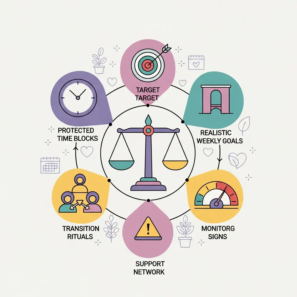 Framework dos 5 pilares do equilíbrio entre vida pessoal e escrita de tese de mestrado, mostrando blocos de tempo, metas realistas e rede de suporte