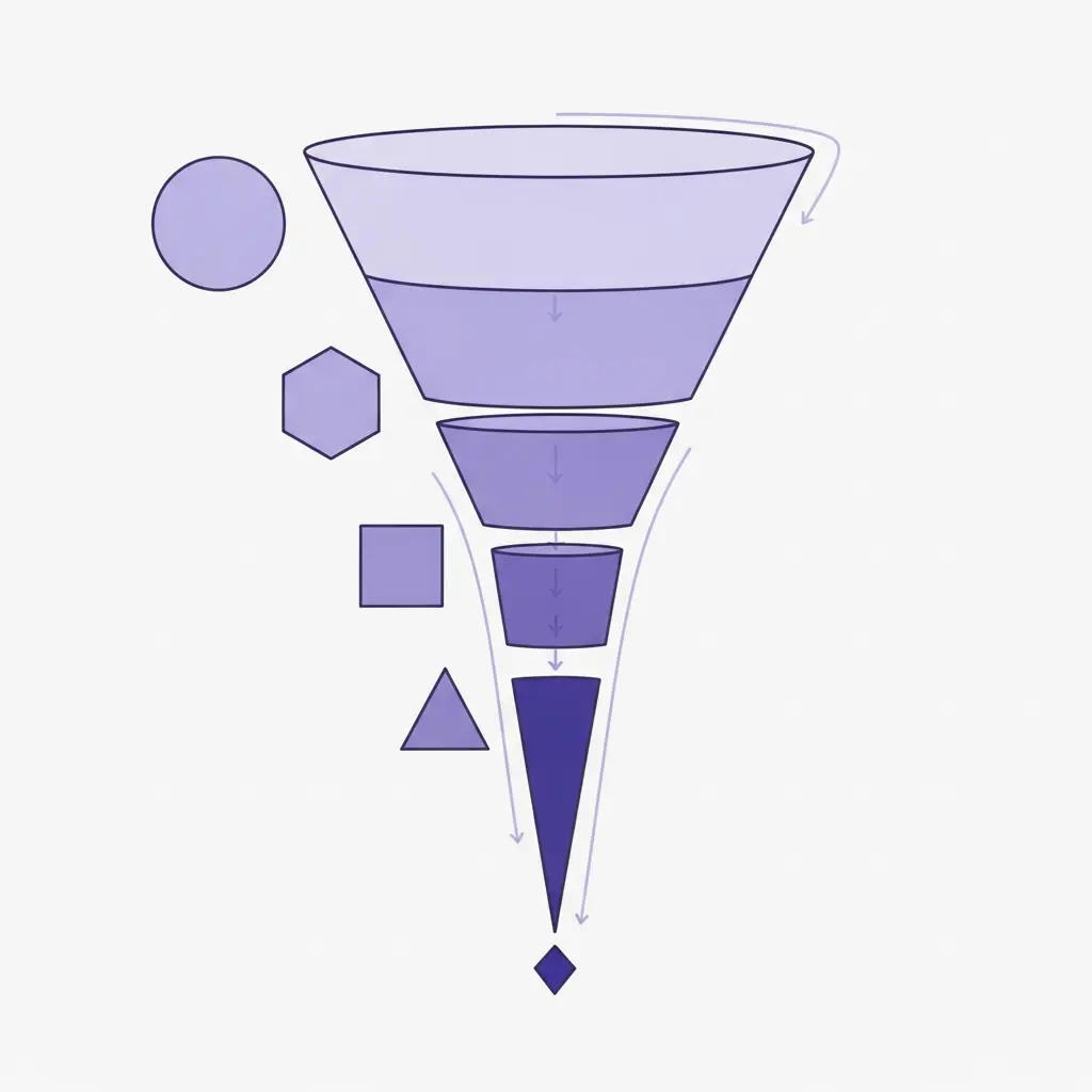 Ilustração do funil temático mostrando a progressão de área ampla para pergunta de investigação específica em 5 níveis