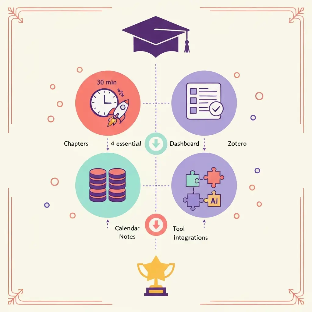 Infográfico vertical mostrando o processo completo de setup do Notion para tese: 30 minutos de configuração, 4 databases essenciais, dashboard de comando e integrações com Zotero e IA, culminando em organização bem-sucedida