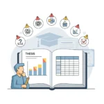 Mestrando a apresentar resultados da tese à banca académica com gráficos e tabelas organizados