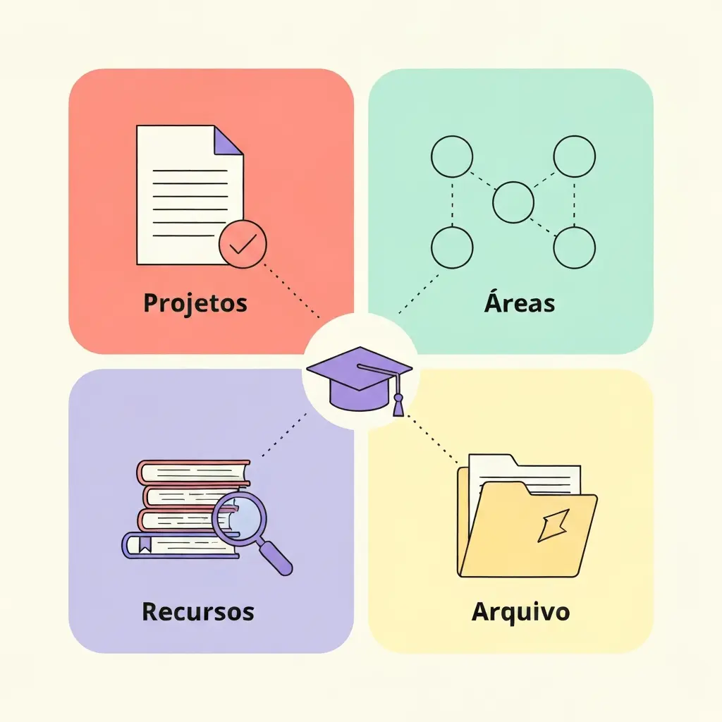 Diagrama do método PARA adaptado para organização de tese académica mostrando quatro quadrantes coloridos: Projetos (capítulos), Áreas (responsabilidades), Recursos (literatura) e Arquivo, com um ícone de graduação no centro conectando todos os elementos