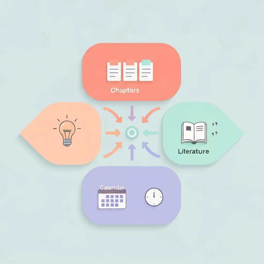 Ilustração de quatro databases interligadas para gestão de tese no Notion: Capítulos, Literatura, Calendário e Notas, com setas bidirecionais mostrando as relações entre cada base de dados