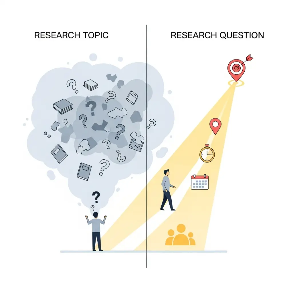 Infográfico comparativo mostrando a diferença entre tema de pesquisa vago e pergunta de investigação específica, com elementos visuais de população, tempo e contexto claramente definidos