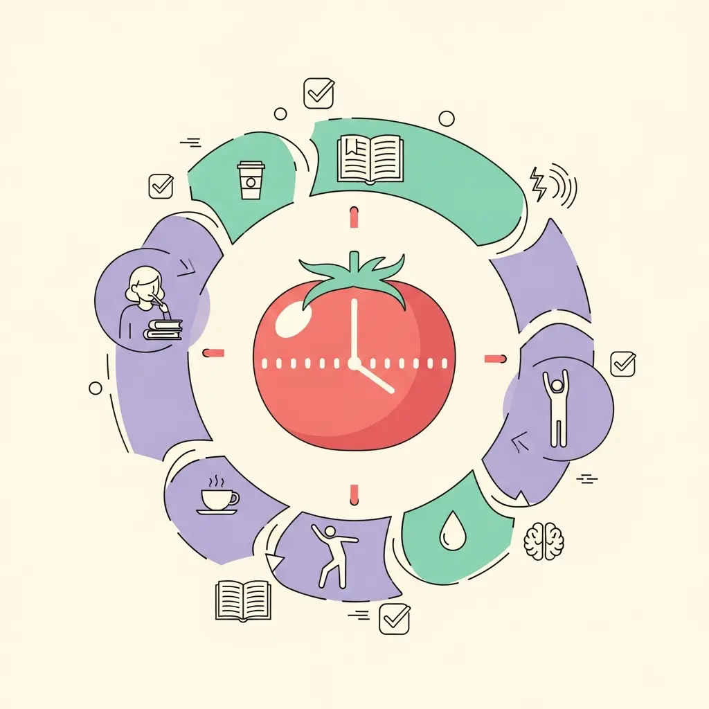 Ilustração da técnica Pomodoro mostrando ciclos de 25 minutos de foco intenso seguidos de pausas curtas