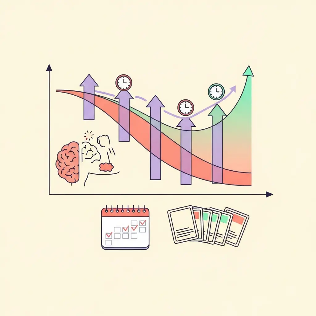 Visualização da curva do esquecimento e repetição espaçada mostrando como revisões estratégicas melhoram a retenção ao longo do tempo