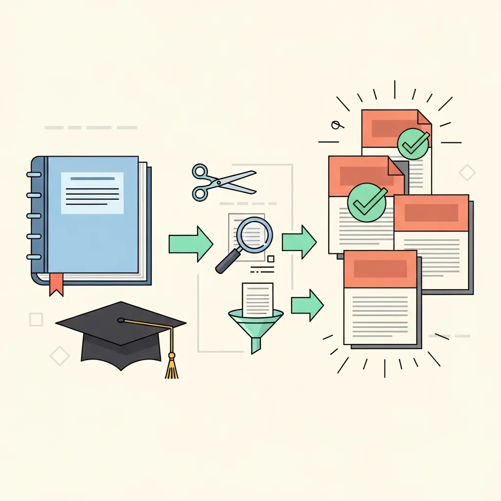 Processo de transformação de tese de mestrado em artigos científicos publicados, mostrando etapas de edição, foco e condensação do conteúdo académico