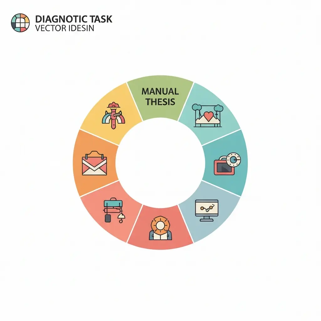 Roda de diagnóstico com 7 tarefas manuais da tese: referências, backups, bibliografia, notas, versões, índices e rastreio de progresso