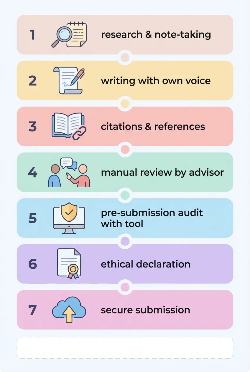 Ilustração de checklist visual com 7 ícones representando passos para preparar uma tese à prova de verificação de IA e plágio (auditar, citar, rever, usar ferramentas de auditoria).