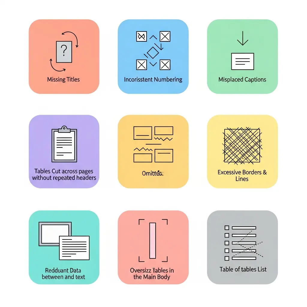 Grelha visual com ícones representando os 9 erros fatais em tabelas de teses de mestrado e licenciatura