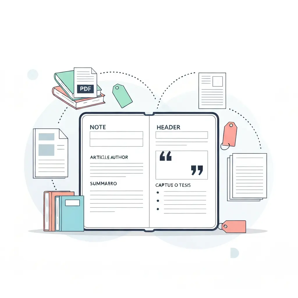 Sistema de anotação académica estruturada mostrando fichamento com citações, resumos e conexões com capítulos da tese