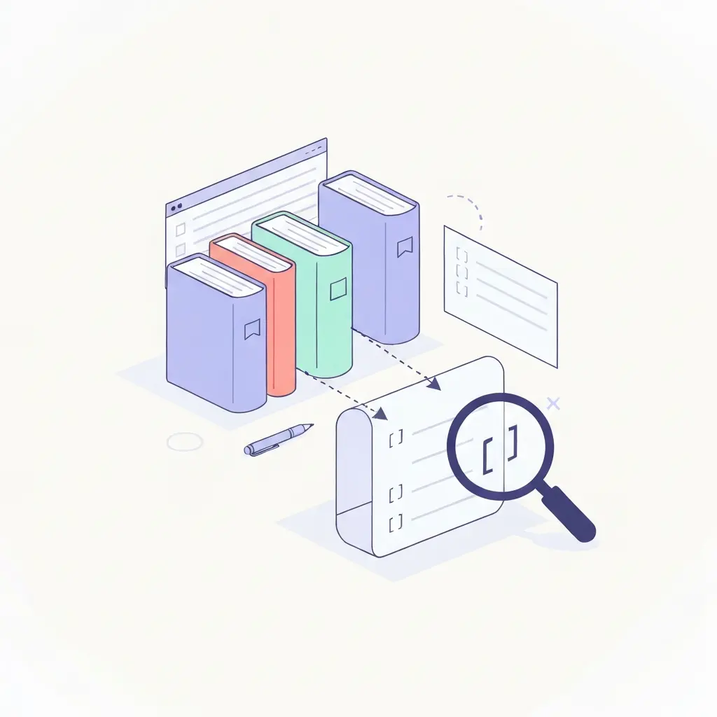 Ilustração representando referências bibliográficas e citações académicas: livros organizados conectados a um documento com marcadores de citação e uma lupa focando nos detalhes