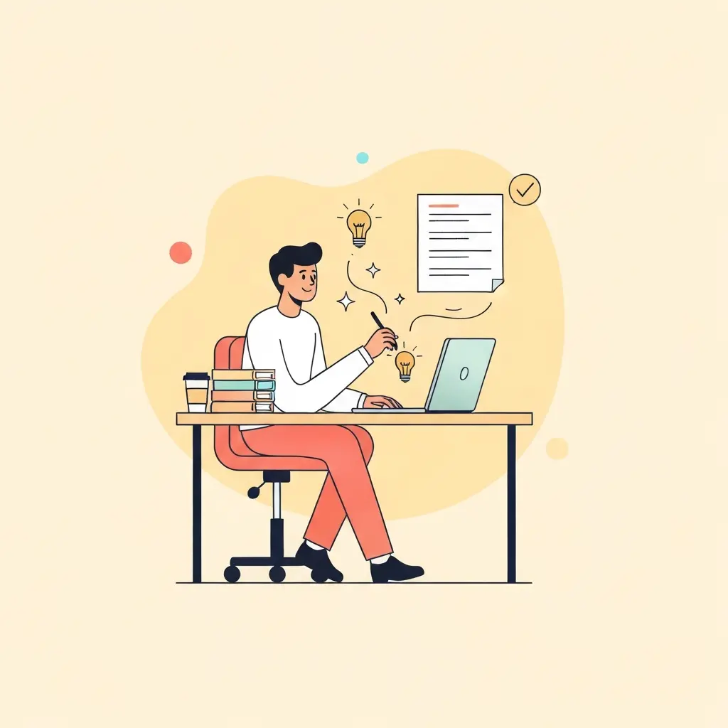 Estudante focado a escrever no portátil com expressão de progresso, linhas de texto visíveis no ecrã e elementos visuais que sugerem criatividade e avanço