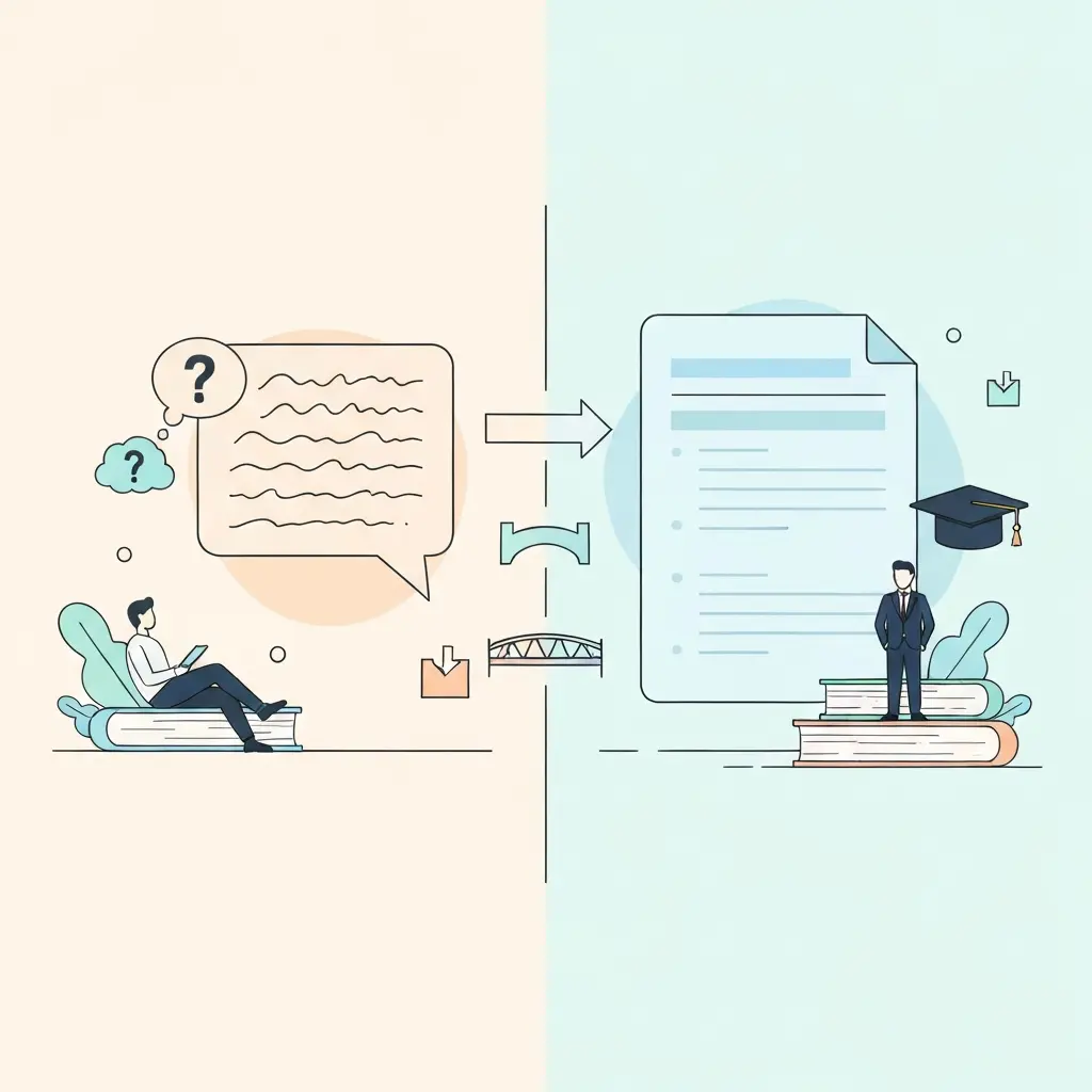 Comparação visual entre escrita informal e escrita académica formal, mostrando a transição de linguagem coloquial para linguagem técnica estruturada com citações