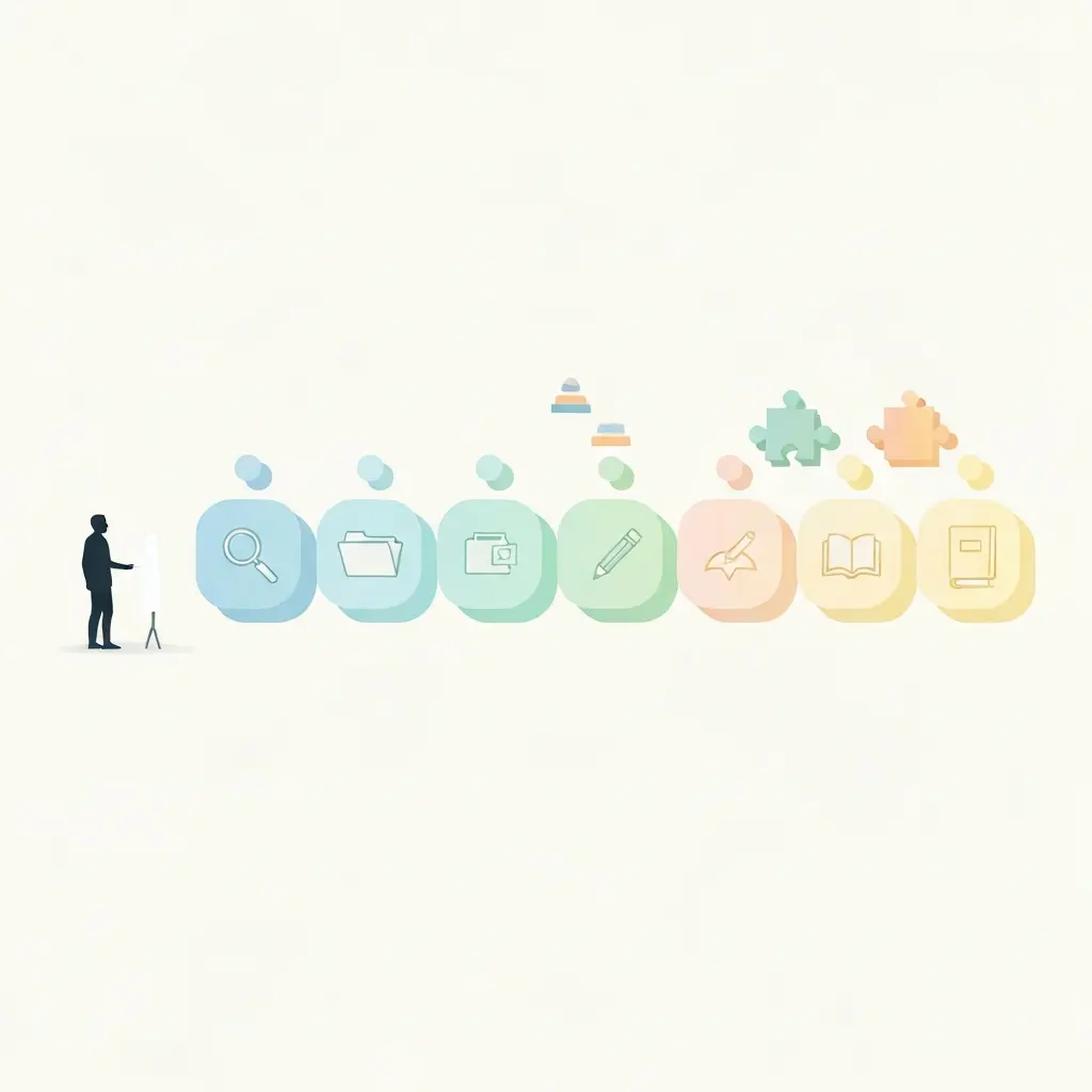 Linha temporal de 7 dias com pequenas tarefas diárias representadas por ícones simples, ilustrando o conceito de micro-plano semanal para a tese