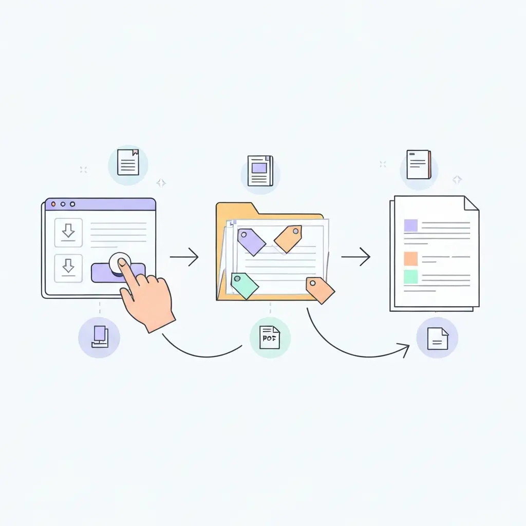 Workflow de três passos para gestão de referências académicas: captura, organização com tags, e geração automática de bibliografia