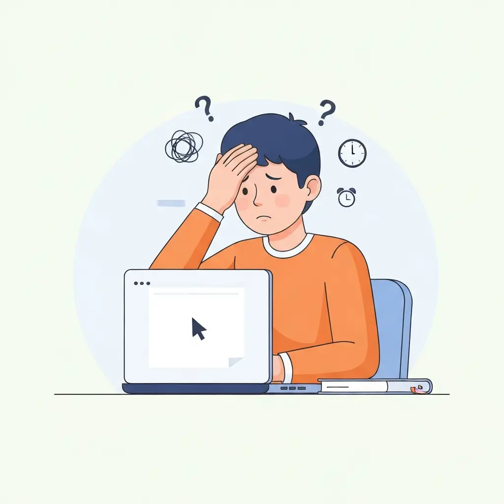 Estudante sentado à frente do portátil com expressão preocupada, a olhar para um documento em branco com cursor a piscar, representando o bloqueio ao começar a tese